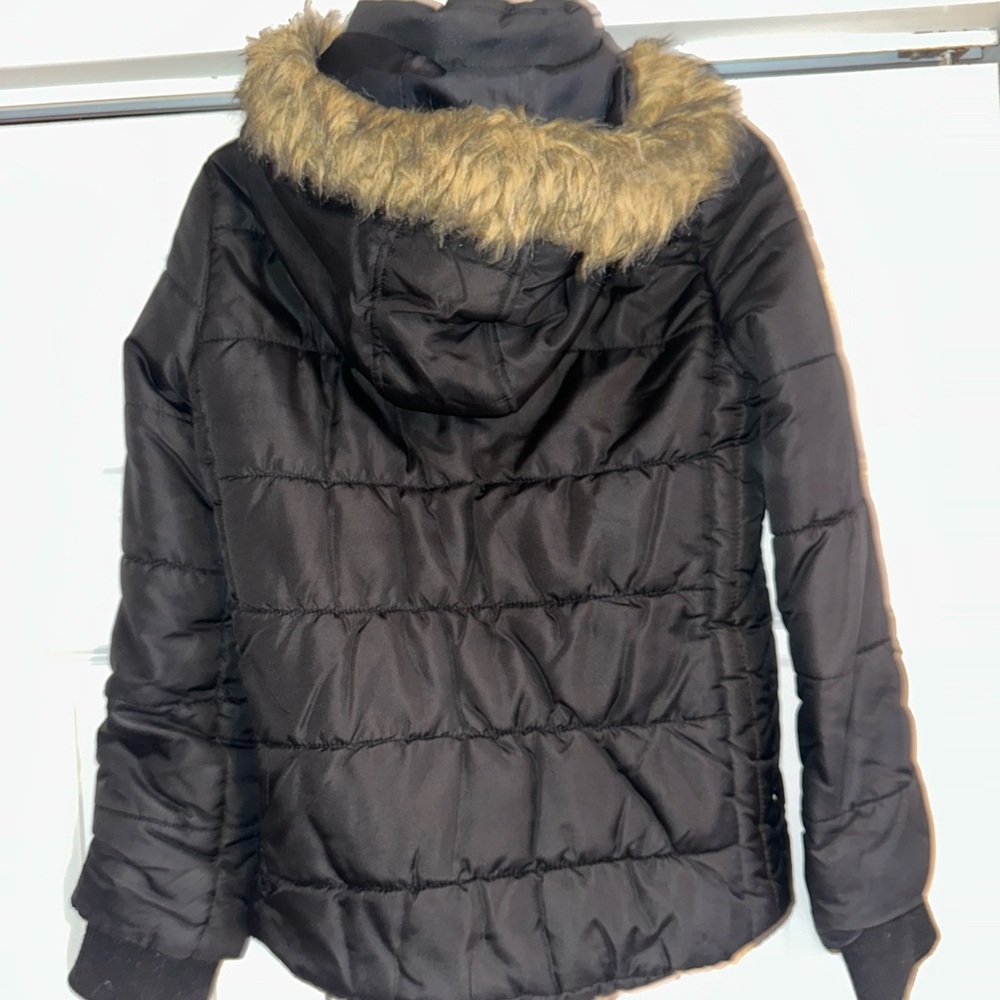 Bloomingdale's Black Puffer Jacket with Tan Faux Fur